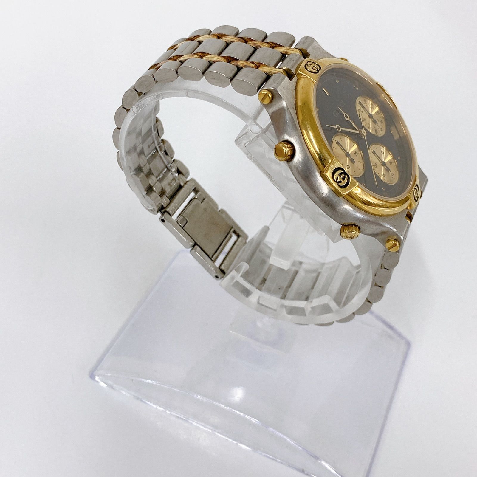 ＆ GUCCI グッチ 不動 ラウンドフェイスGG クロノグラフ 黒文字盤 9400  