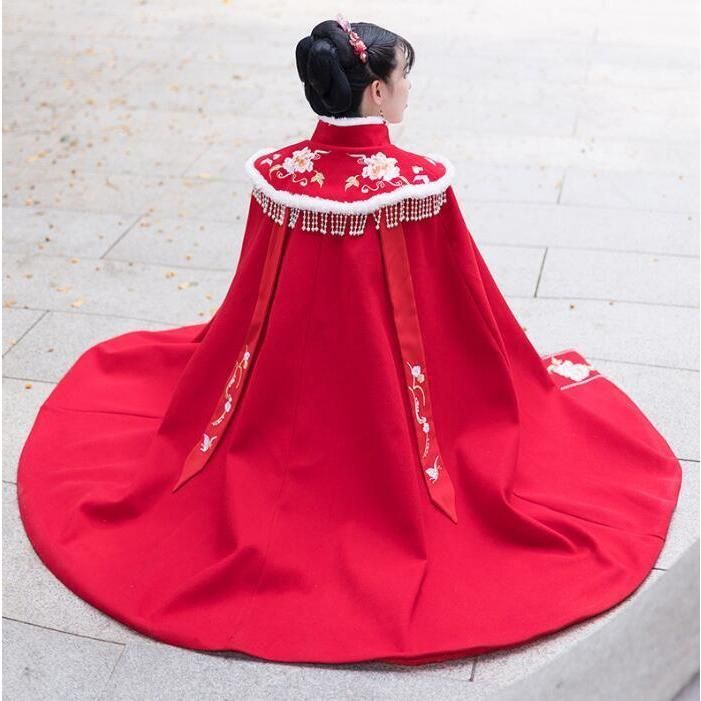 希望の持てる 高品質 文化祭 裏起毛レディース漢服マント ロング丈羽織 唐装漢服 冬 花刺繍マント ケープ 森ガール風中華服 厚手 古典美人 ファー付きチャイ BJ1003ML03 ハロウィン
