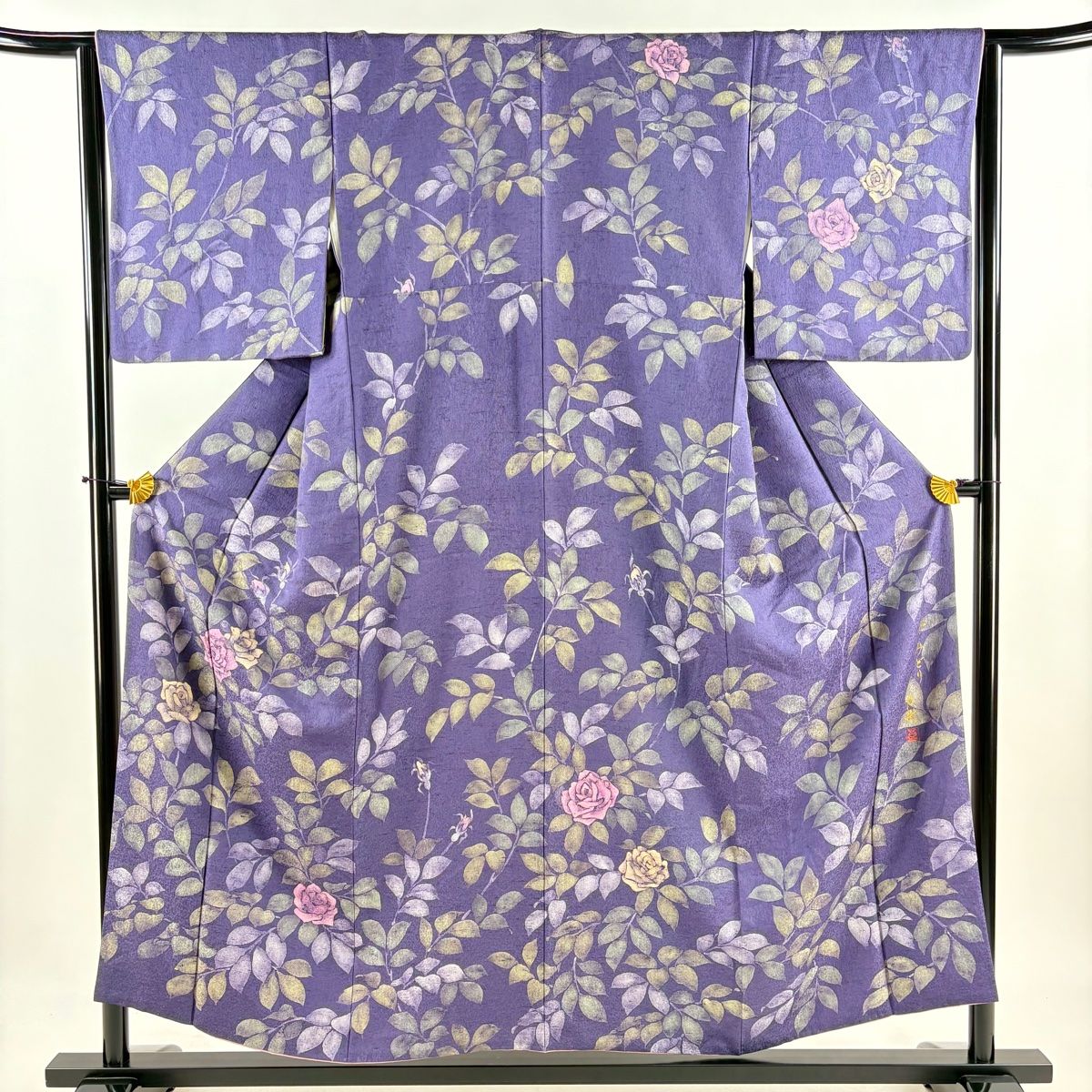 訪問着 身丈154.5cm 裄丈64cm M 袷 紬地 落款 薔薇 金彩 灰紫 正絹 秀品