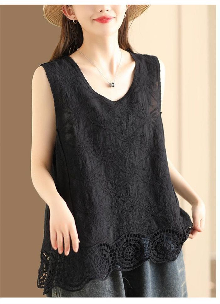 タンクトップ 刺繍 ノースリーブ チュニック 夏 レディース レースタンクトップ トップス 刺 花柄 プルオーバー ベーシック 爽やか qijuanh 01