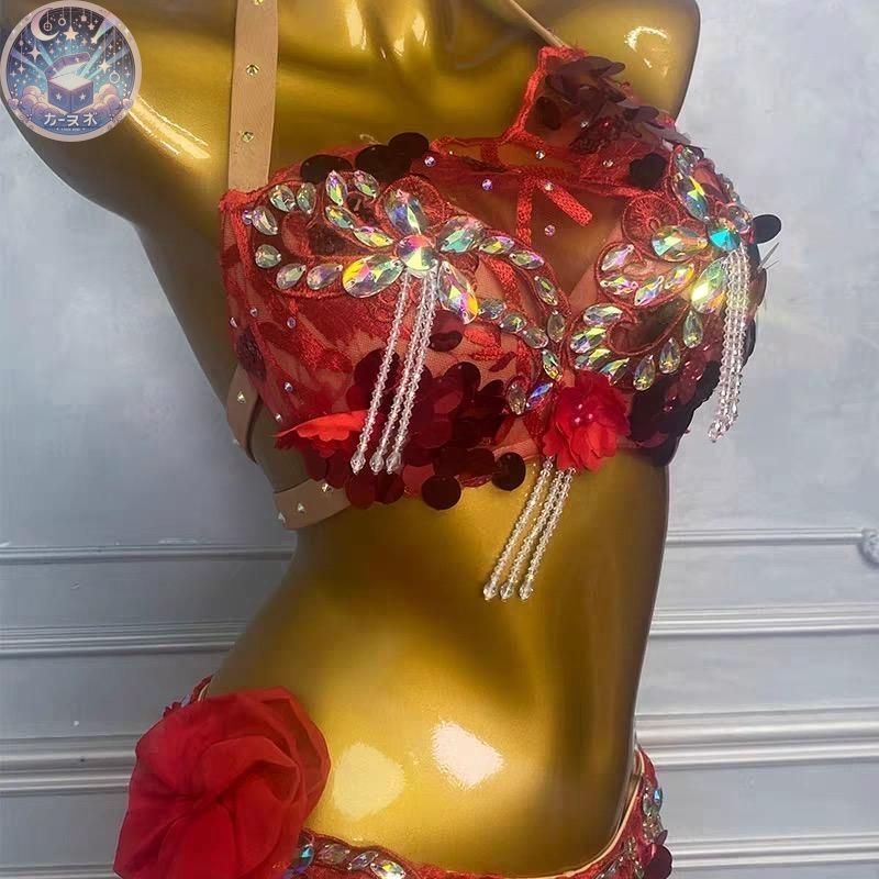 ベリーダンス オリエンタル衣装 薔薇 レッド ブラ スカート オーダーメイド 新品 未使用 ベリーダンス オリエンタル衣装 薔薇 レッド ブラ