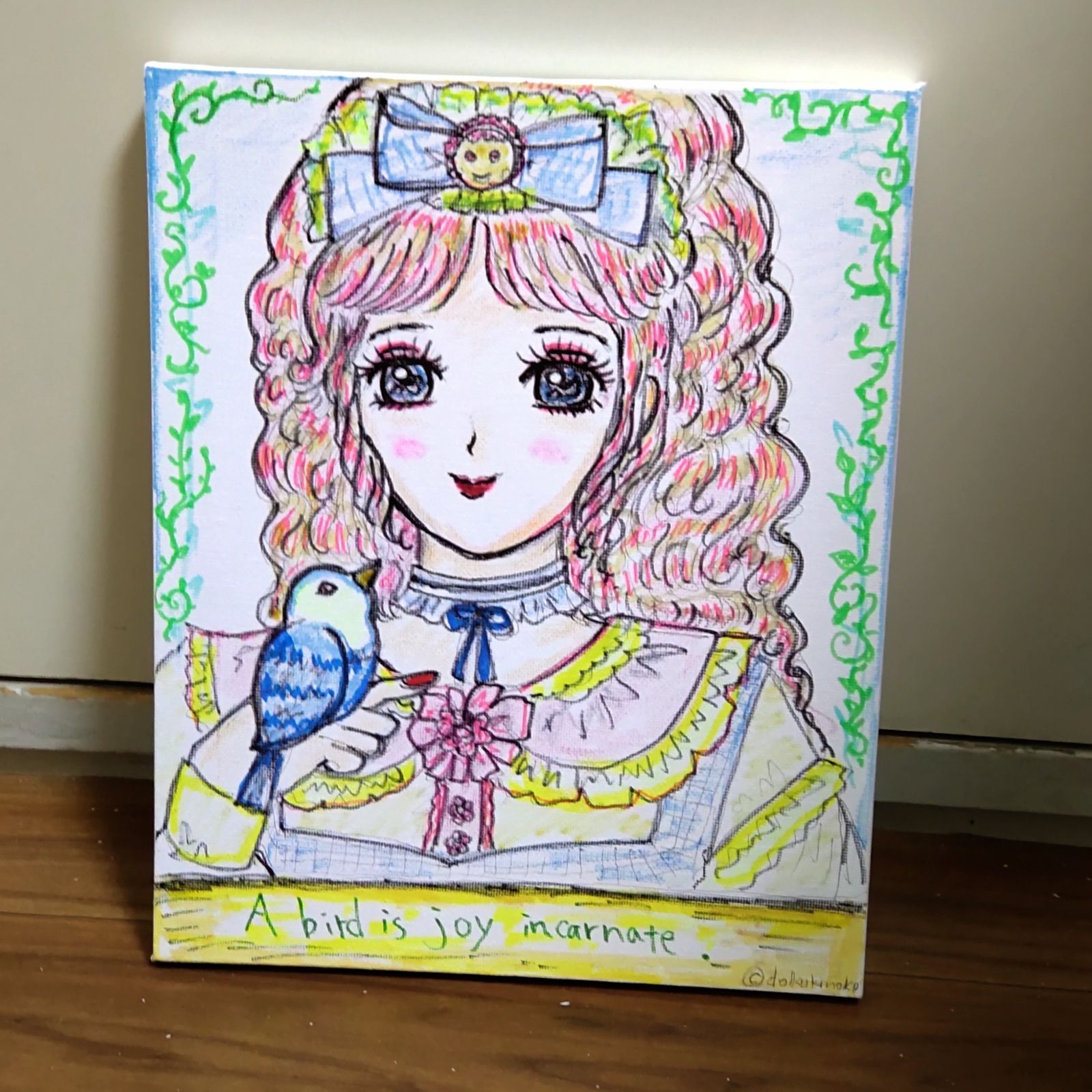 キャンバス レトロ イラスト「レトロな少女漫画ぽい女の子」鳥は喜びの