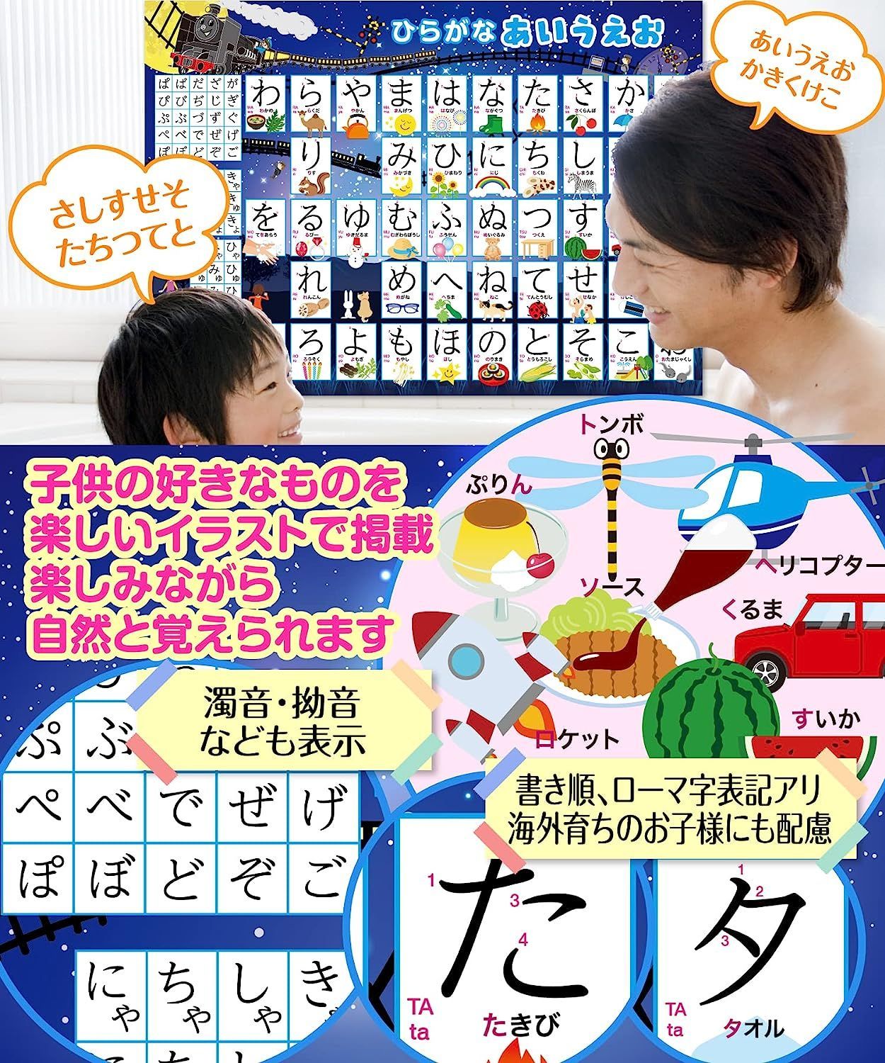 お風呂の学校  ひらがなとカタカナ【銀河鉄道デザイン 2枚セット】 お風呂ポスター  日本製 銀河鉄道デザイン お受験 知育 学習 あいうえお表 B3サイズ 防水