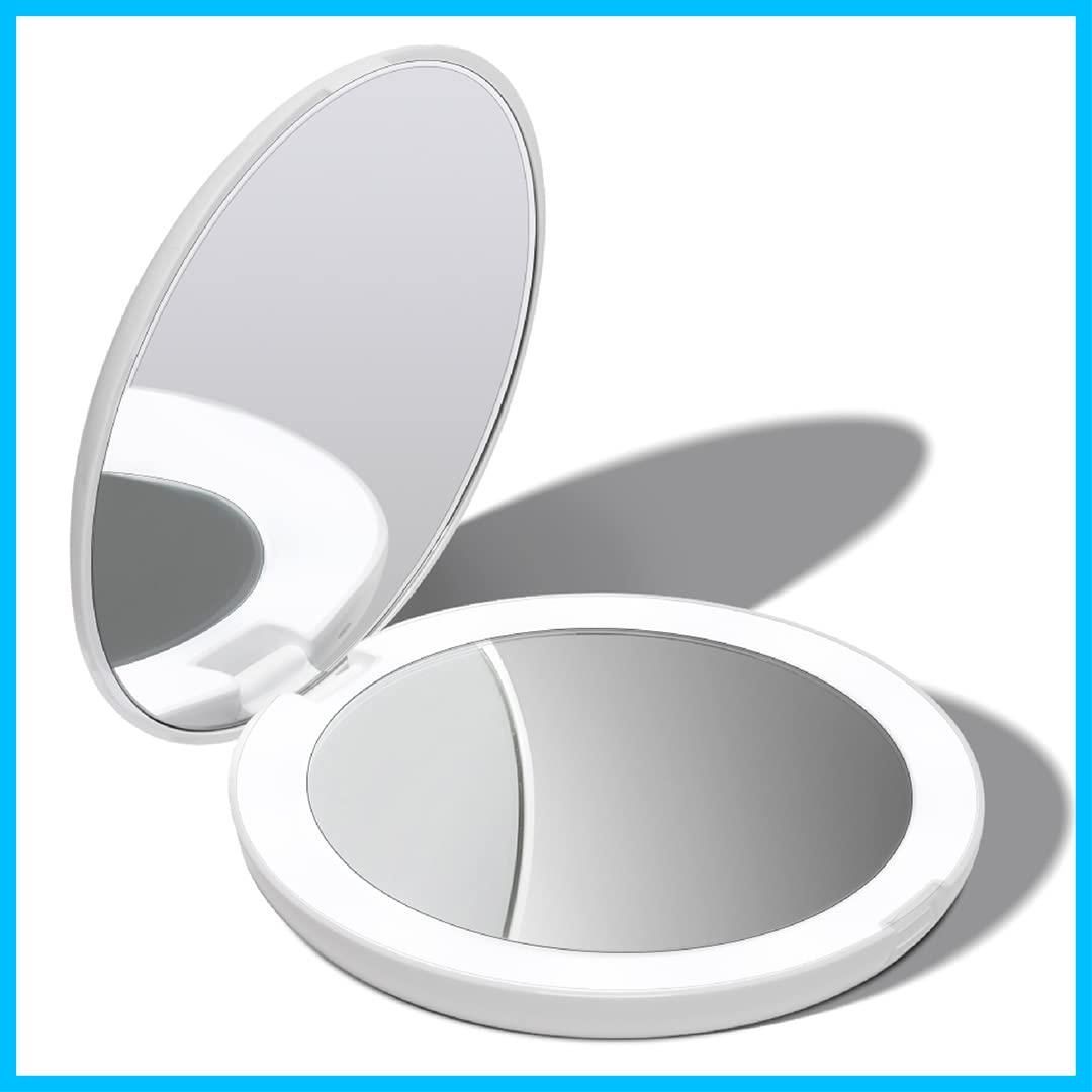 【特価セール】Fancii コンパクトミラー 化粧鏡 10倍拡大鏡 両面鏡 LEDライト付き 電池自然光 12.7cm大きな鏡 メイクミラー、白い (Lumi)