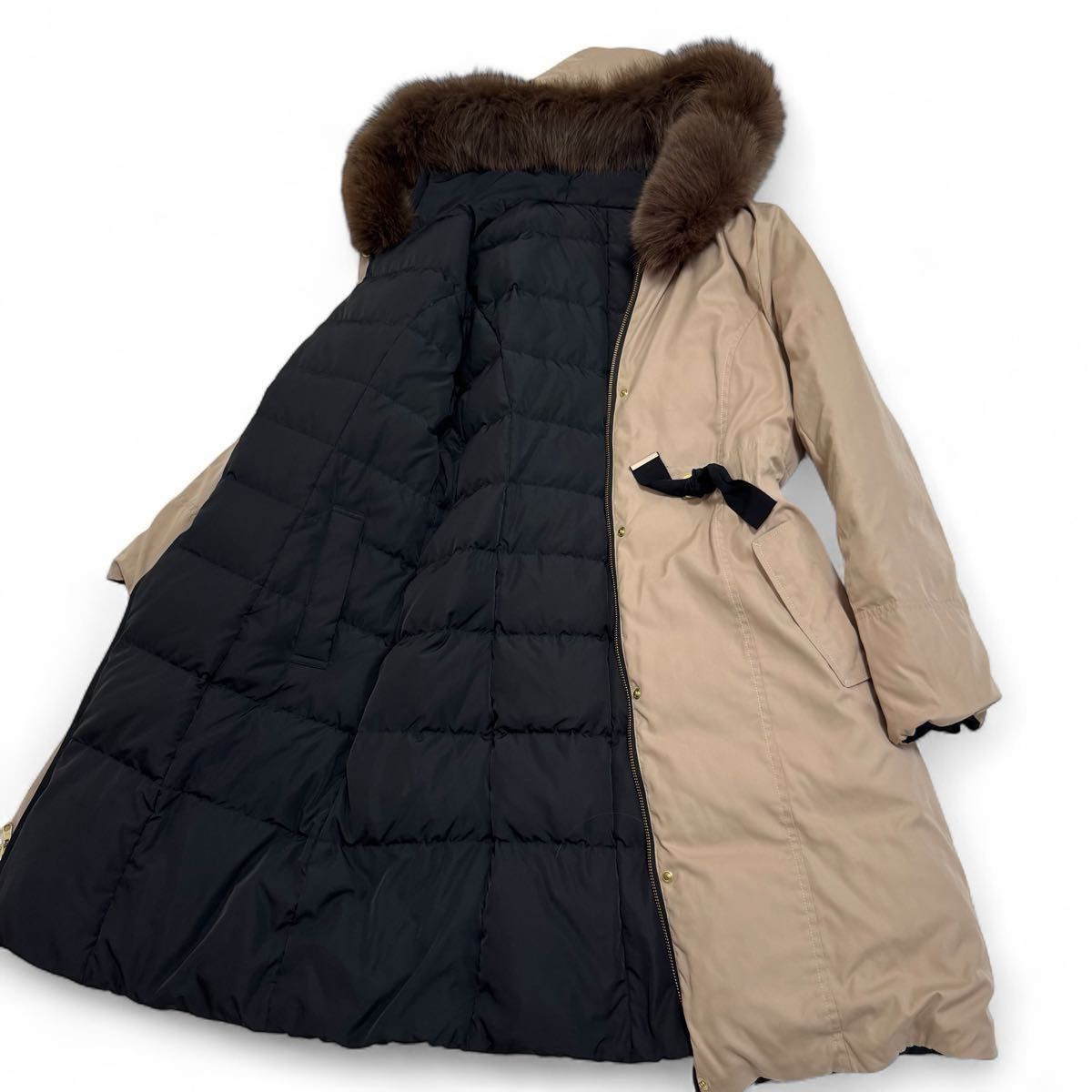  リバーシブル Apuweiser-riche アプワイザーリッシェ ダウン ロング コート ファー 脱着可 ベルトリボン ブラック BLACK 黒 ベージュ beige Aライン 2 ダウンジャケット ジャケット アウター
