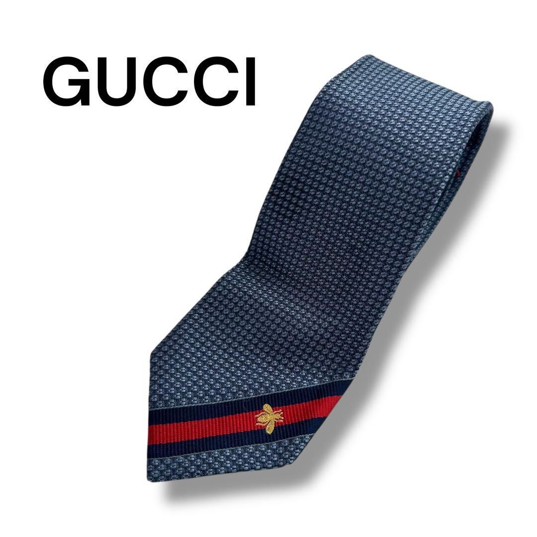 グッチ　ネクタイ　現行　ネイビー　蜂ビー　シェリーライン　美品 美品 GUCCI グッチ ネクタイ ネイビー シェリーライン 蜂 Bee
