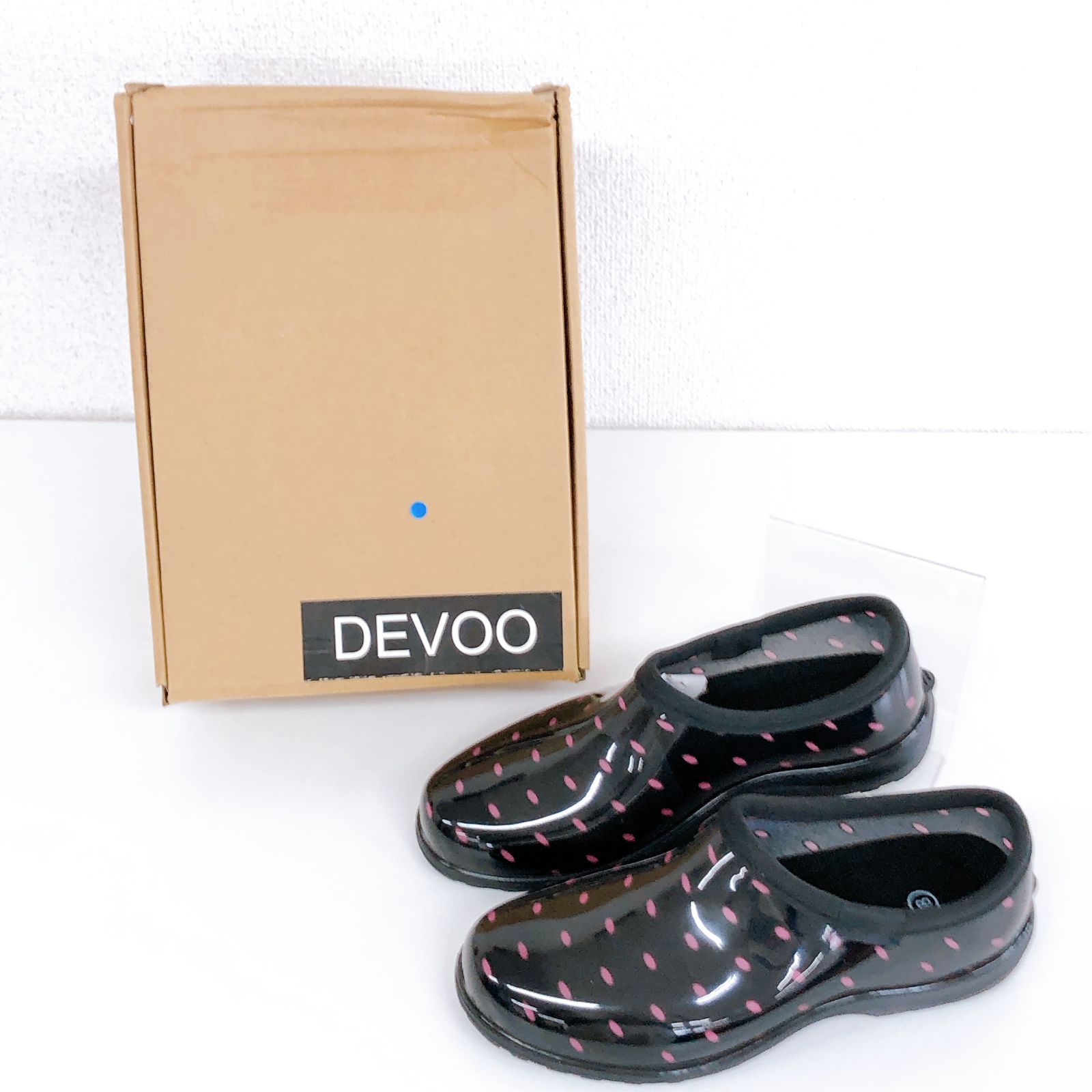 レインシューズ（ブラック・黒） 水玉 ショート丈 devoo サイズ8インチ