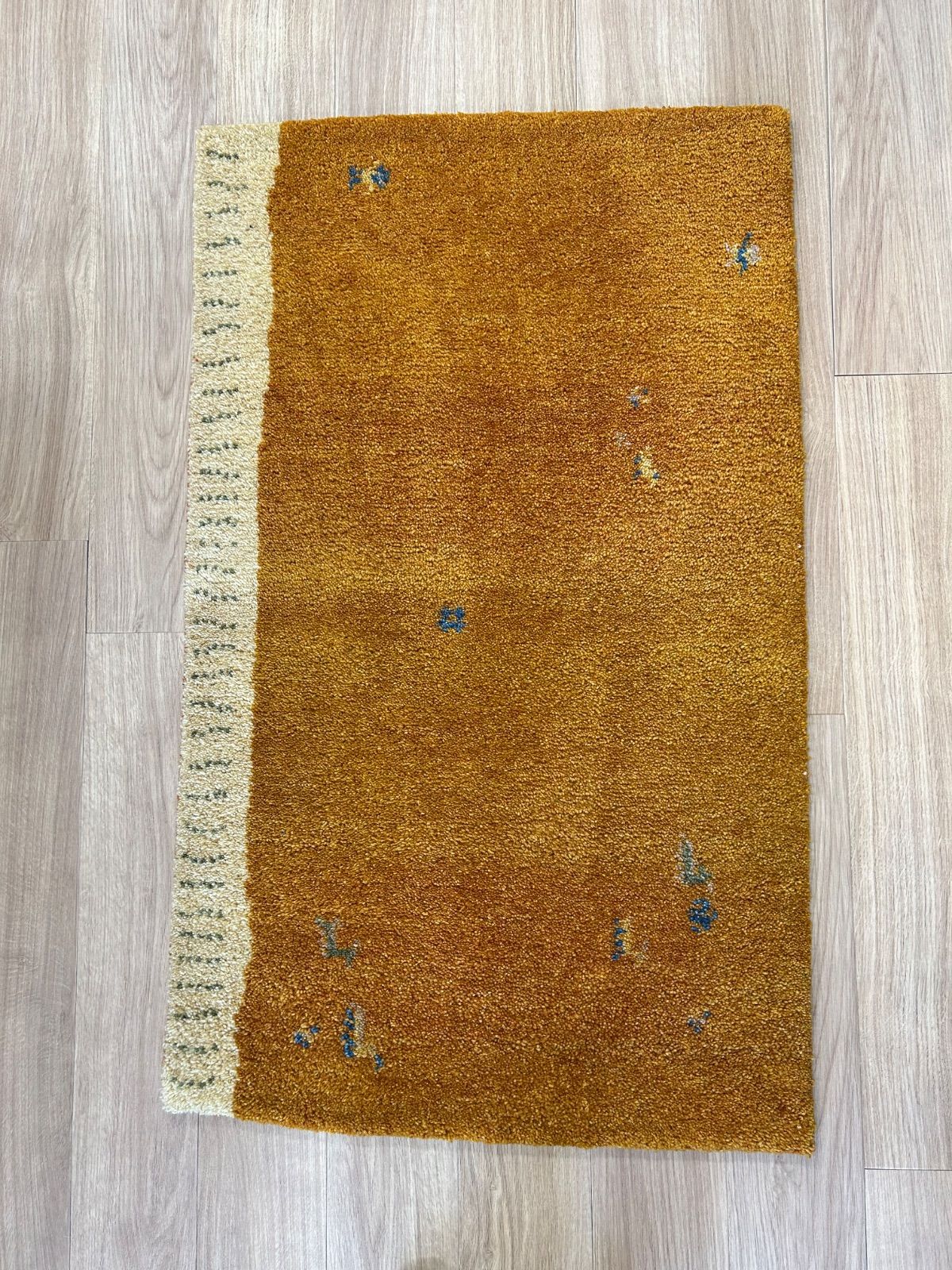 インド手織り絨毯 ギャッベ 玄関マット ラグ 約73X120㎝ ゴールド ベージュ ウール100％ オールシーズン
