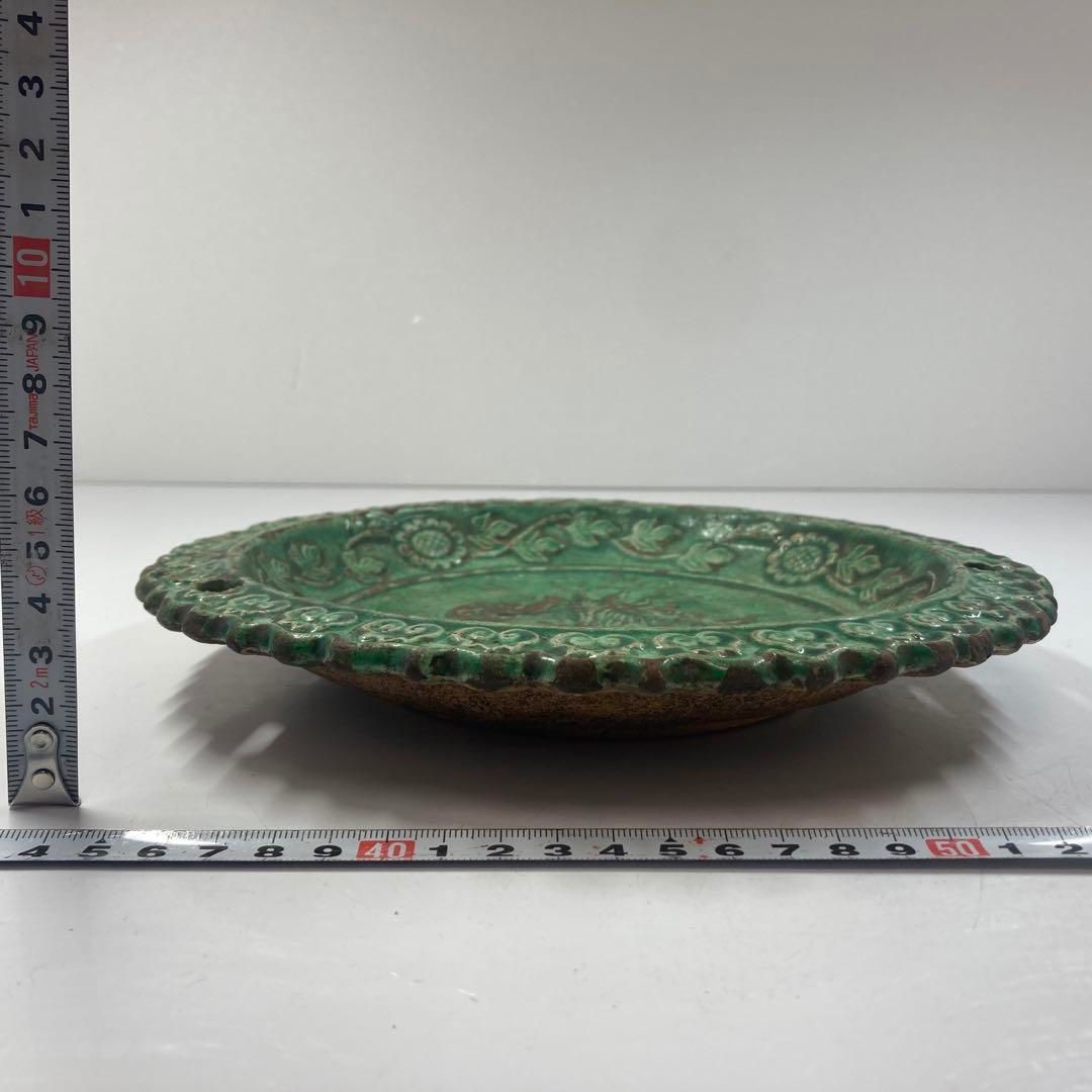 源内焼　麒麟の図緑釉皿　江戸中期　額付　東Y5-0828☆2Fタウル 源内焼 麒麟の図緑釉皿 江戸中期 額付 東Y5-0828☆2Fタウル