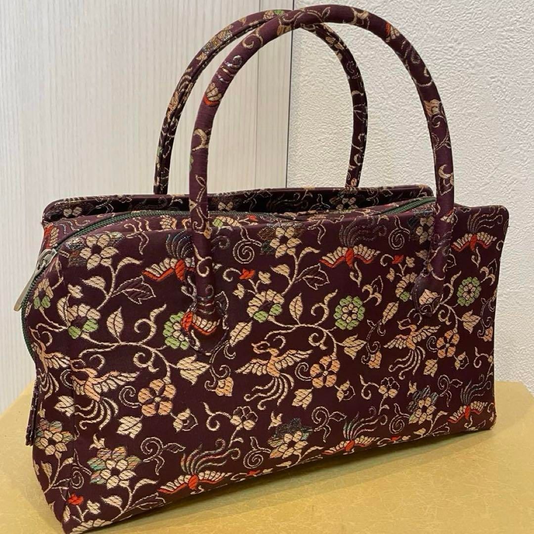 利休バッグ 訪問着 帯地 正絹 和装バック 小物 上品 紫 鳳凰