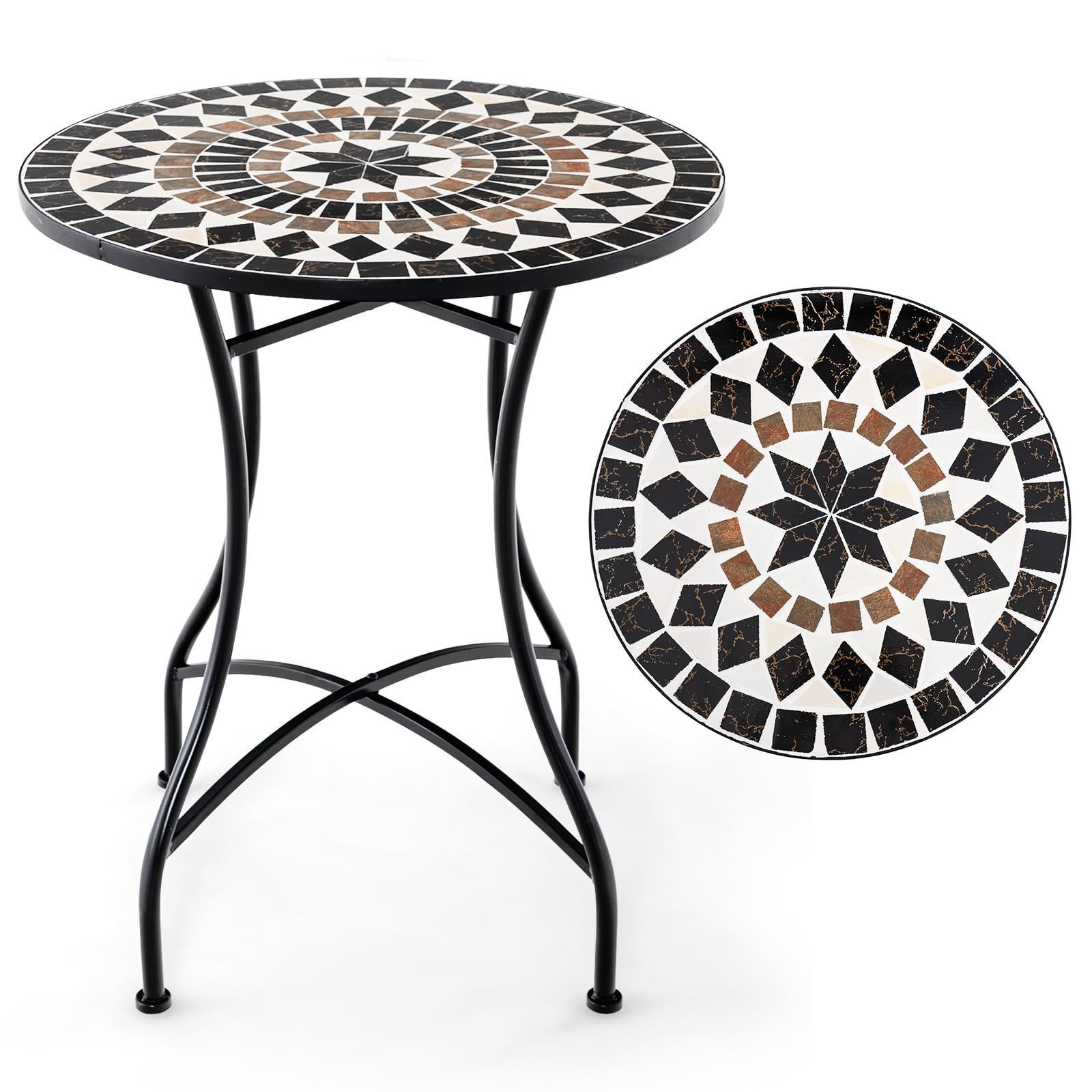 アイアン製 屋内 おしゃれ 屋外 ベランダ アウトドア テラス パティオ 組立簡単 庭 机 アンティーク調 モザイク柄 防水 ブラック タイルテーブル 耐荷重50kg 直径60cm ガーデンテーブル TANGKULA