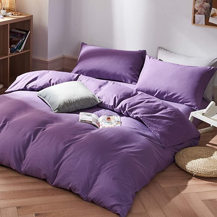 MILDLY 布団カバー 4点セット ダブル 洋式・和式兼用 無地 掛け布団カバー ボックスシーツ 枕カバー 2枚入 ピーチスキン加工 セミダブル・古代紫色( 古代紫色，  セミダブル)