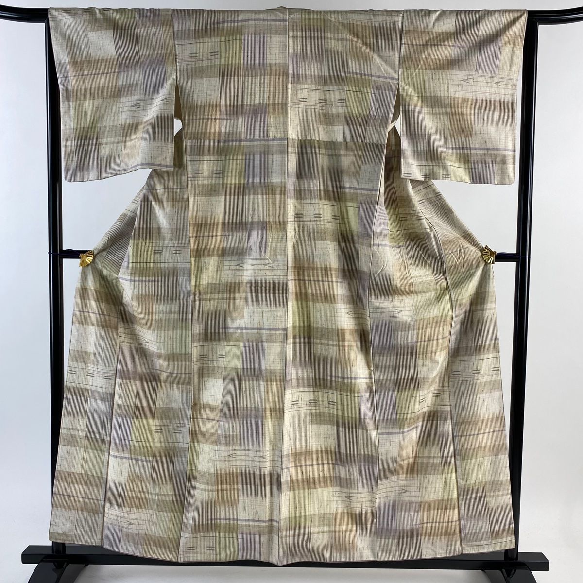 紬 身丈158cm 裄丈64cm M 袷 吉澤与市 ぜんまい紬 証紙 格子 絣  