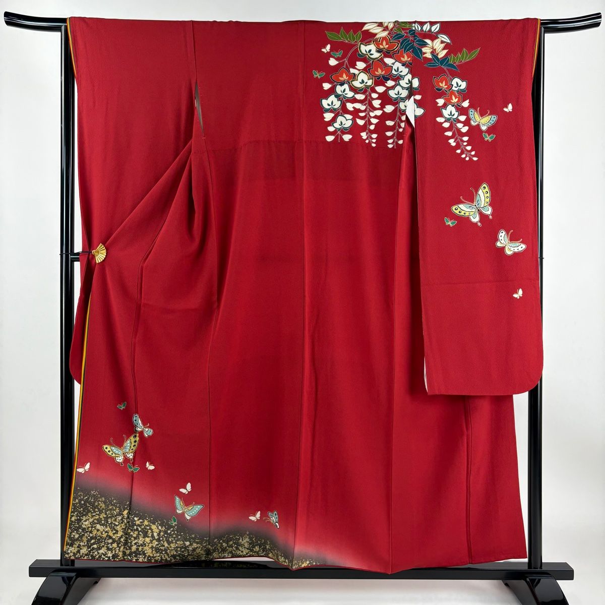 振袖 身丈155.5cm 裄丈66cm M 袷 蝶 草花 金銀彩 金糸 赤 正絹
