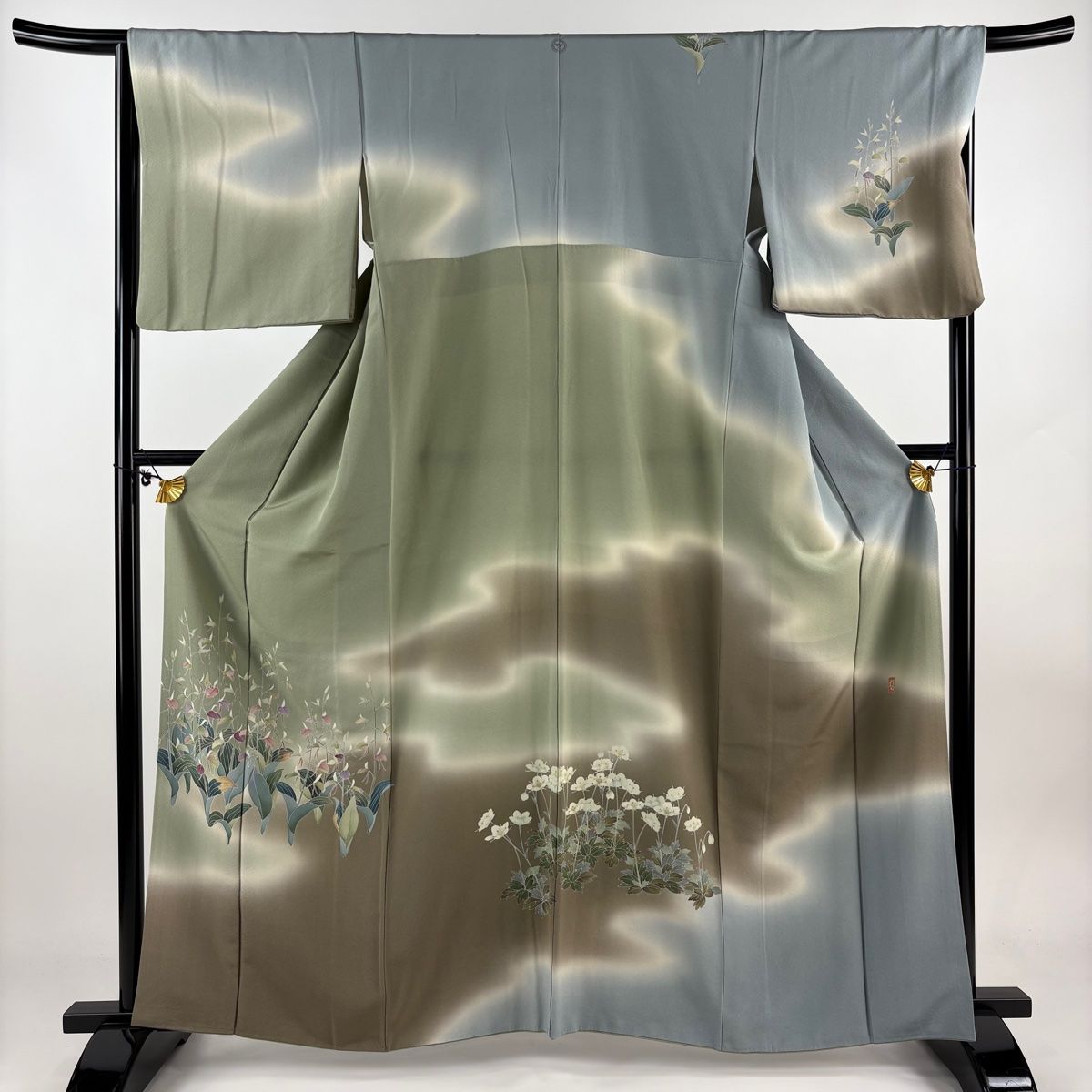 訪問着 身丈163cm 裄丈66cm M 袷 田村哲彦 落款 草花 霞 染め分け ぼかし 灰緑 正絹