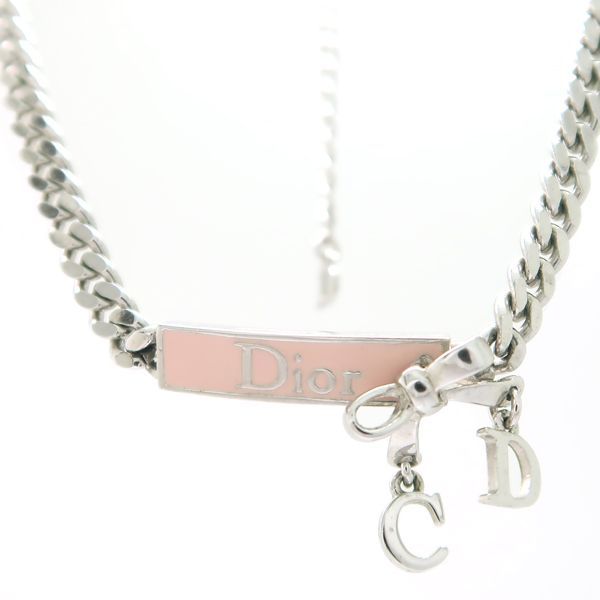 Christian Dior プレート リボン ネックレス ピンク シルバー金具 
