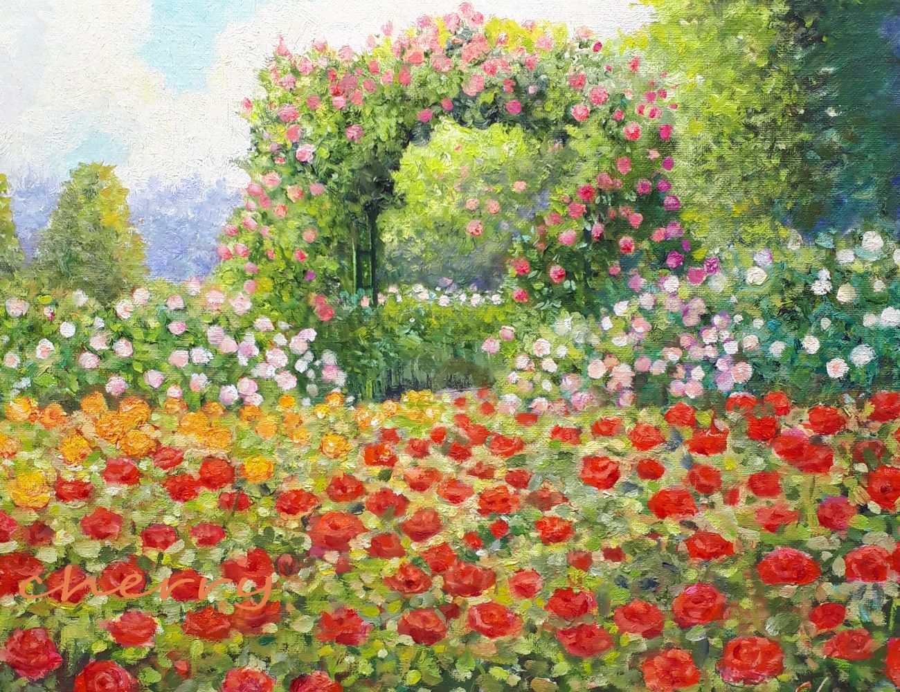 一点物】『 新緑のバラ園 』油絵 F6号キャンバス 油彩 油画 インテリア  