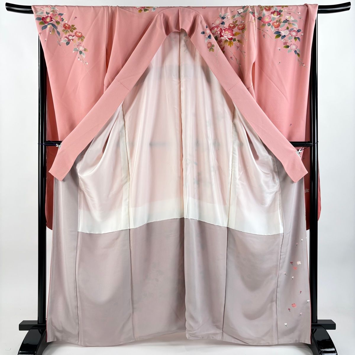 振袖 身丈163.5cm 裄丈68.5cm L 袷 桜 桜の花びら 金彩 箔 灰紫 正絹 秀品 中古
