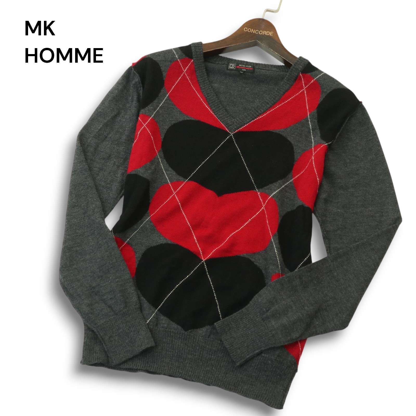 MK HOMME ミッシェルクラン オム 秋冬 ウール100％★ ダイヤ × ハート Vネック ニット セーター Sz.46　メンズ グレー
