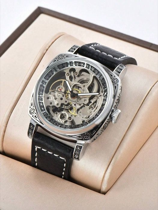 腕時計 メンズ 機械式 1個 メンズ中空自動機械式腕時計、ヴィンテージエングレーヴィングレザーストラップ