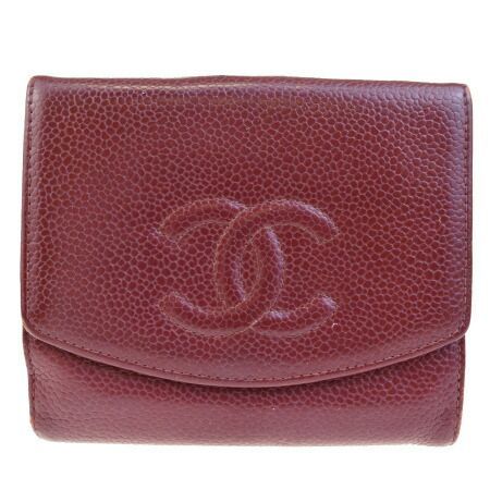 【】 シャネル CHANEL 三つ折り 財布 ココマーク キャビアスキン ボルドーレッド レザー 02EF195