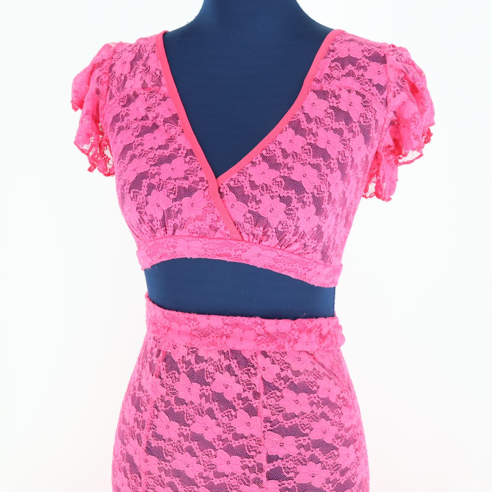 【ベリーダンス用衣装】ショッキングピンク レッスン着 レース生地 トップス ベリーダンス用衣装】ショッキングピンク レッスン着 レース生地