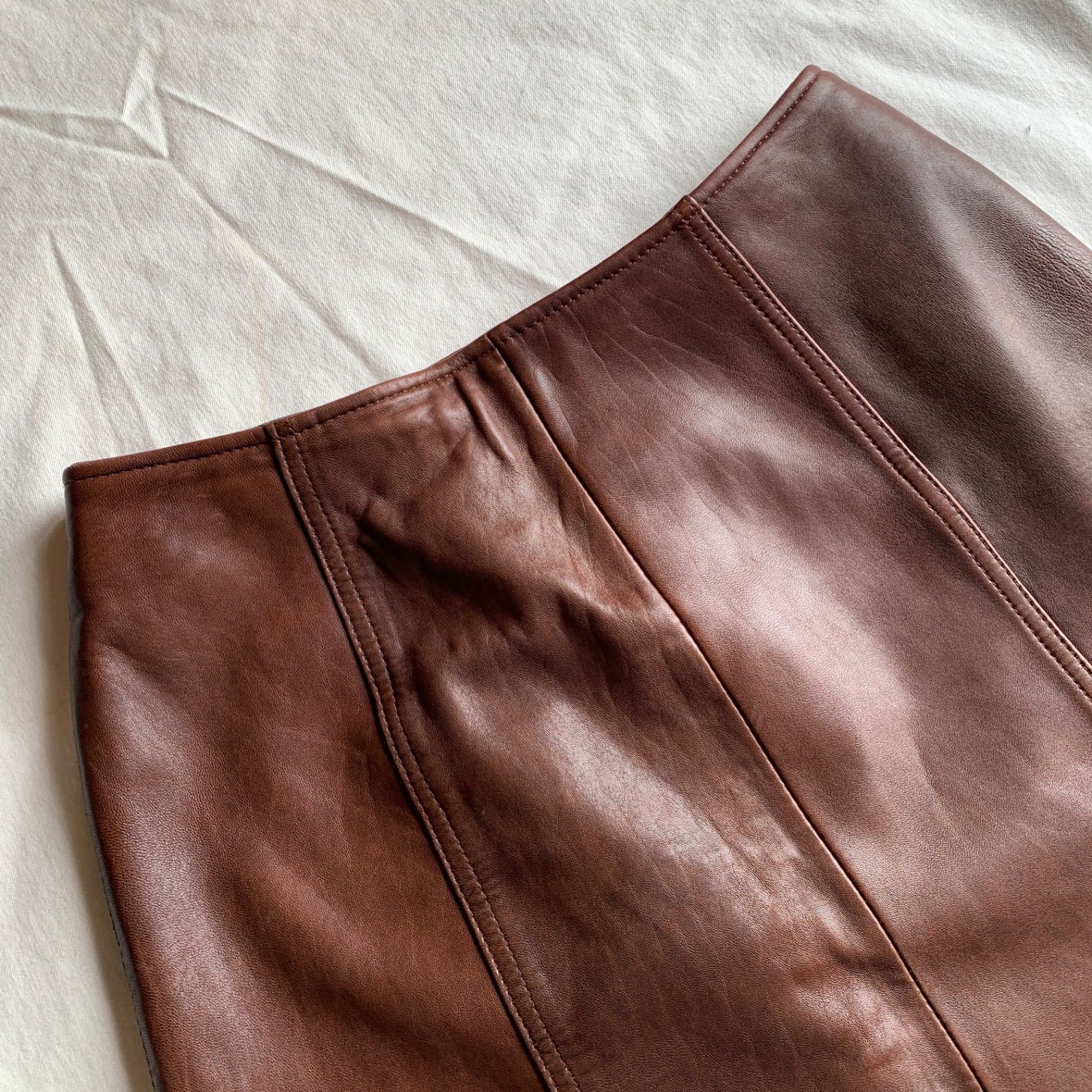 LEATHER CITY リアルレザースカート 本革 ブラウン 膝下丈 ヴィンテージ 古着 F0242 GULLKHAN_COM