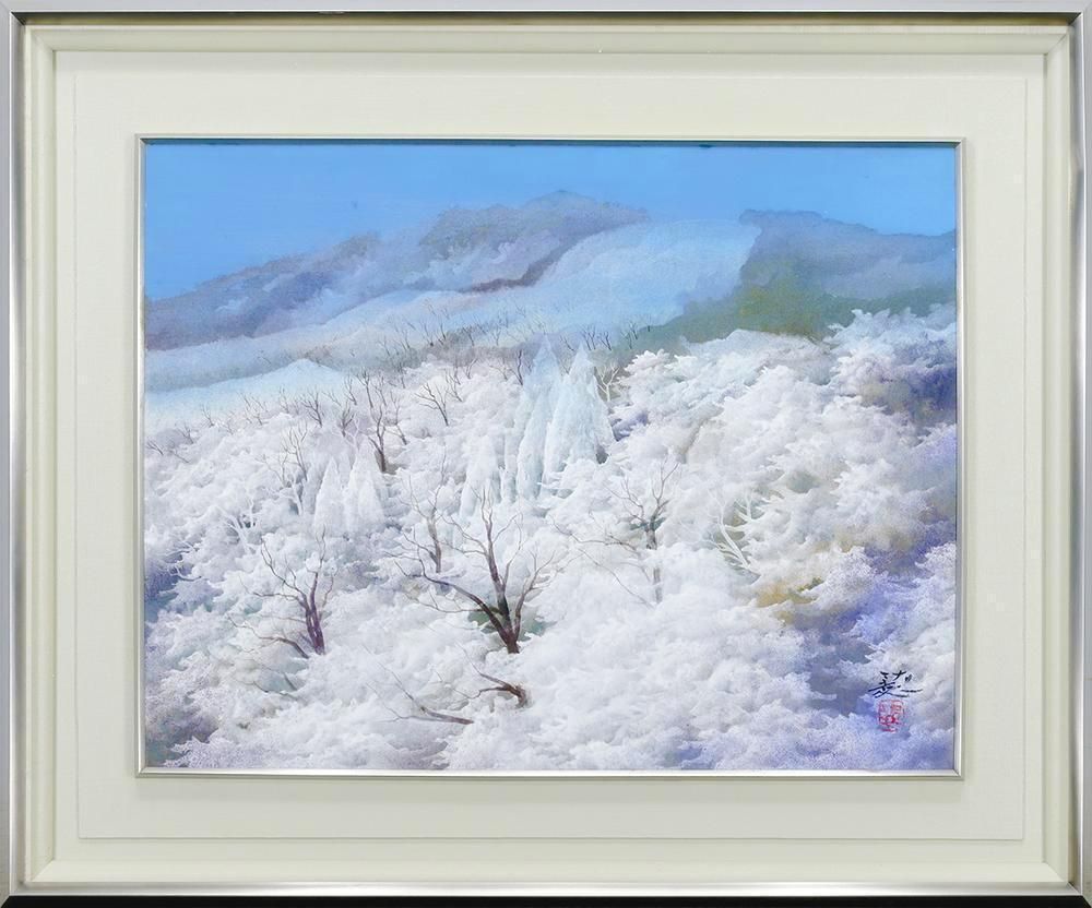 真作 WISH 佐倉功起 冬間 日本画 10号 共シール 青空に映える白き樹氷の冬山 〇日展会友 師 大山忠作 25082951