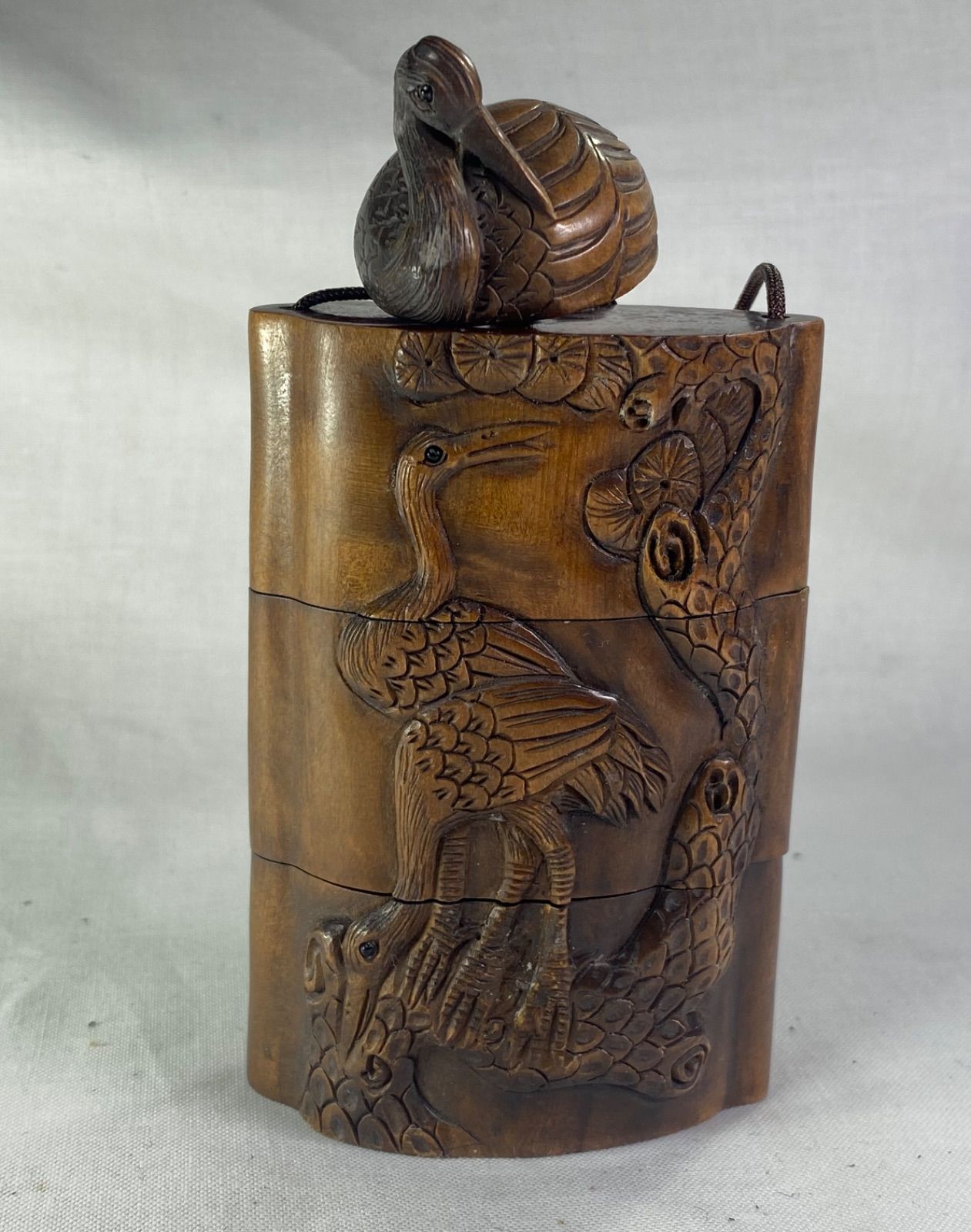 印籠 柘植 魚と鳥手 印鑑入れ 黄楊繊細彫刻 木製