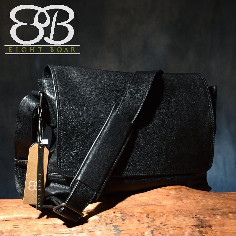 ◇INDRA 厚手牛本革 長方形中型フリップ式ショルダーバッグ ブラック  