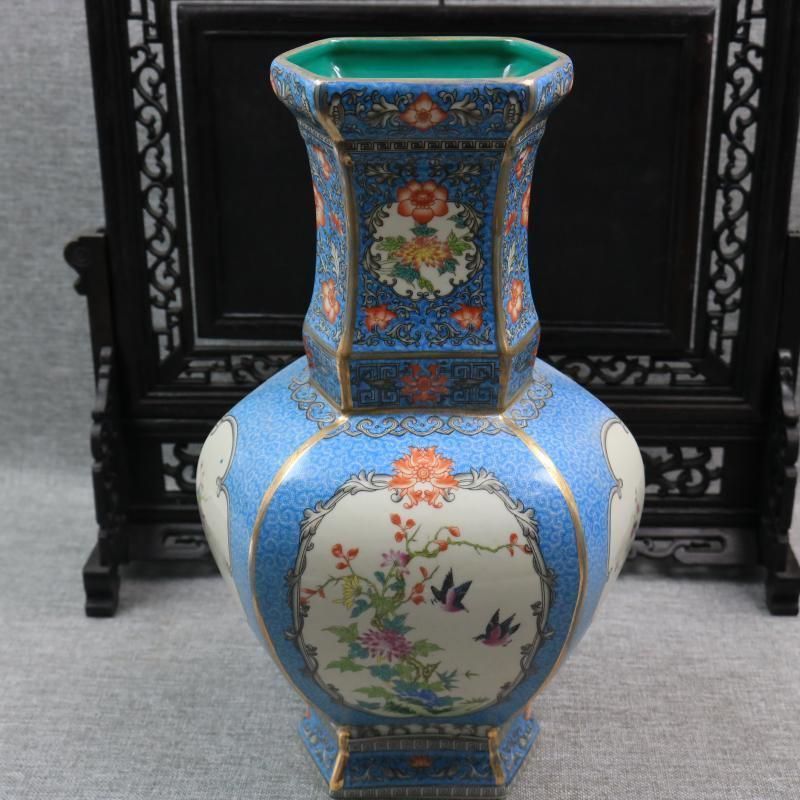 琺瑯彩蒔花鳥六方花瓶 景徳鎮 陶磁器 装飾品 工芸品 置物 蒔絵
