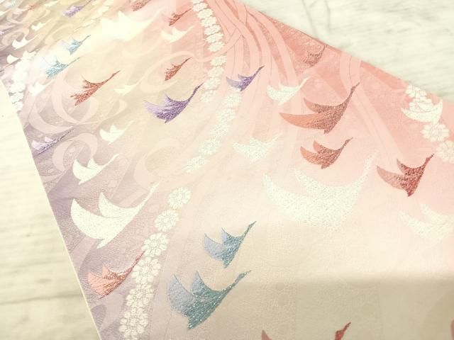 平和屋着物◎六通柄袋帯 飛鶴花文 銀糸 正絹 逸品 AAAZ8208yx