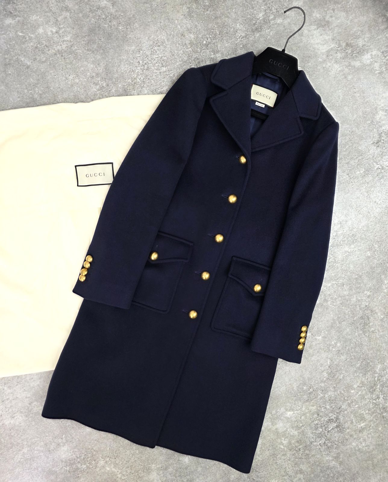 定価32万 GUCCI グッチ GGマーク ウール ロングコート 金ボタン ネイビー レディース 38 Mサイズ PAWNSHOPRiZ パウンショップリズ