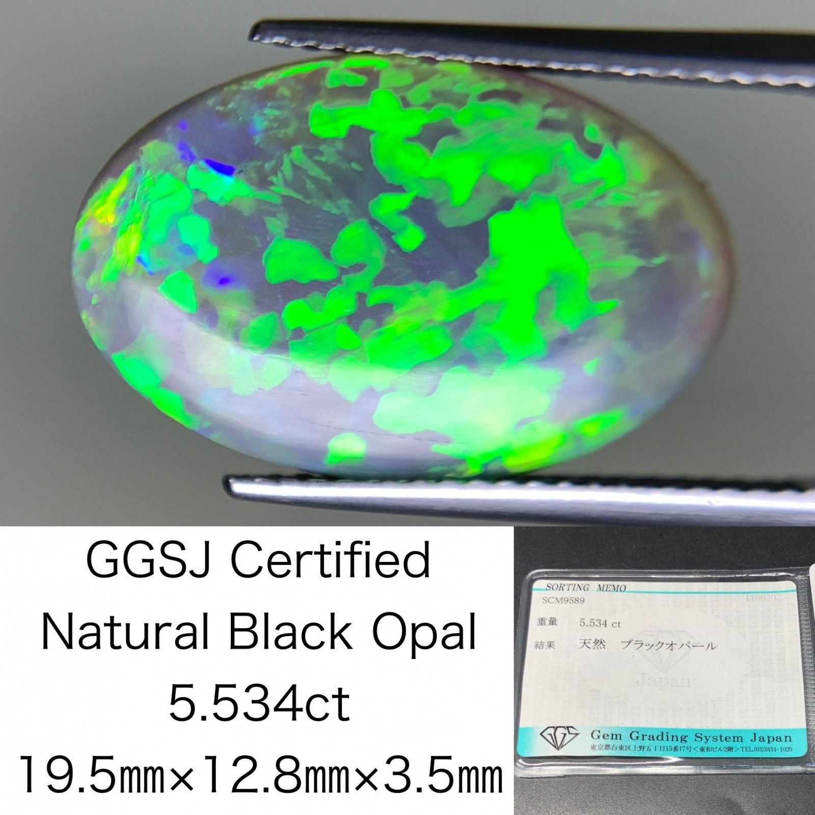 ブラックオパール 天然 5.534 ct 宝石ソーティング付き 19.5㎜×12.8  