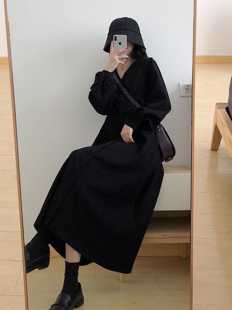 マキシワンピース レディース ロングワンピース Vネック 無地