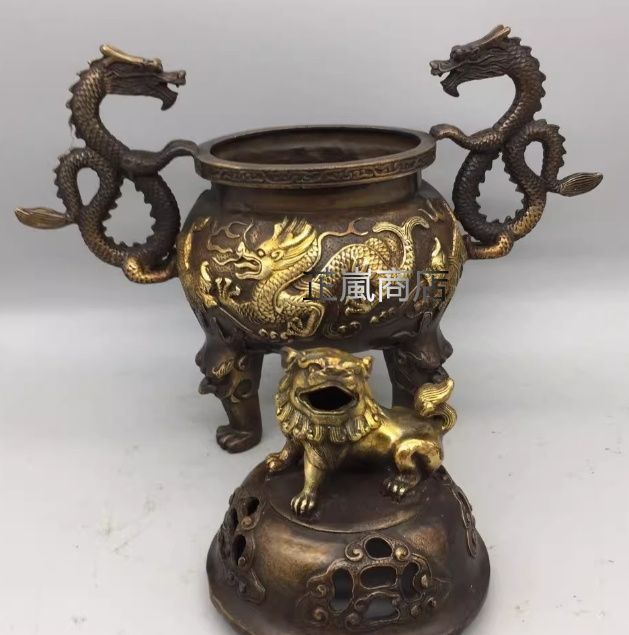 双獅耳竹細工蓋薫香炉  铜香炉 茶道置物 香炉/香器『高岡銅器【鳳寿獅子蓋香炉/古手色】銅製[空焚き用