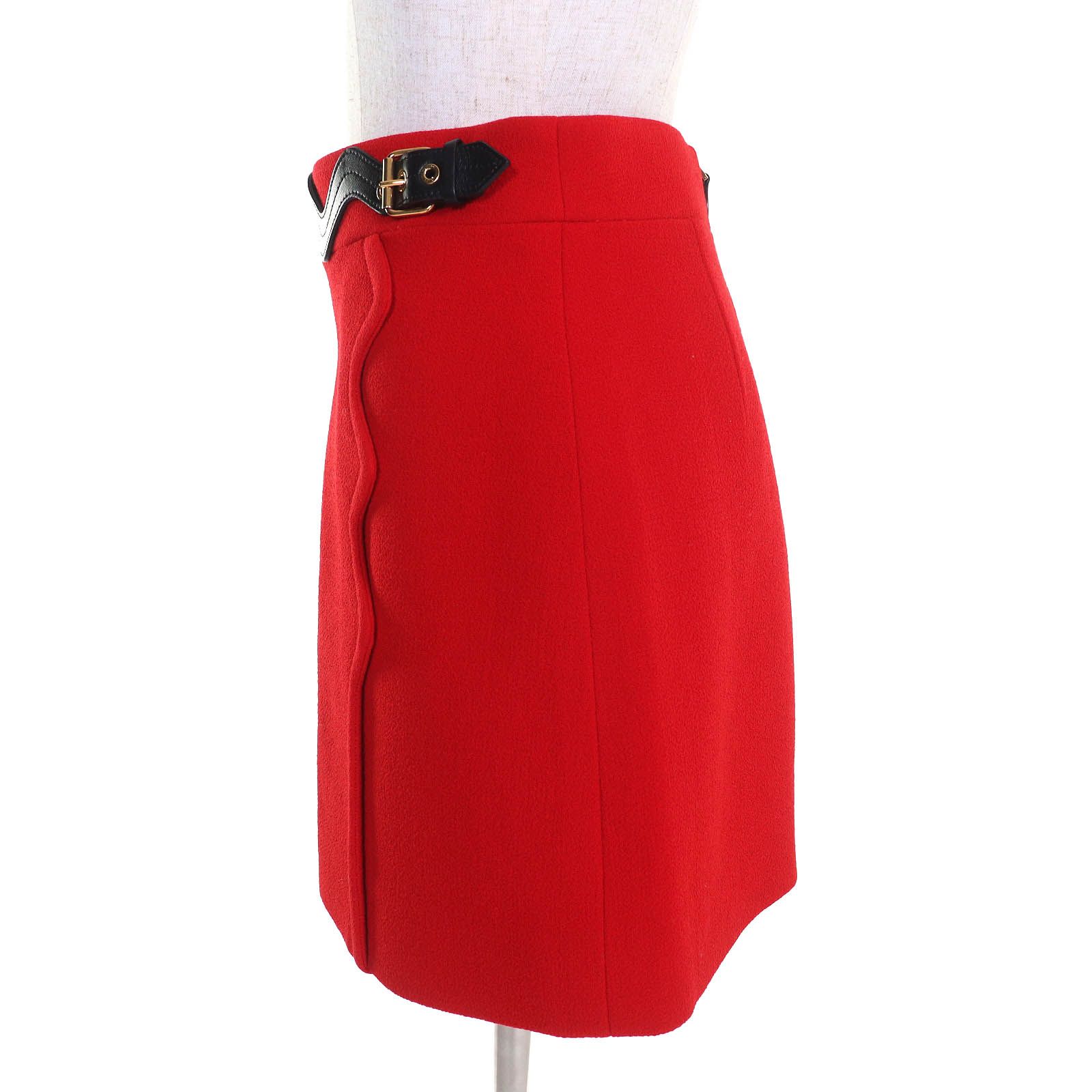 ドンドン見直し △LOUIS VUITTON ルイヴィトン 製 FPSK28 ウール100％ レザーベルトモチーフ付き ミニスカート 裏地シルク レッド 34 イタリア製 レディース