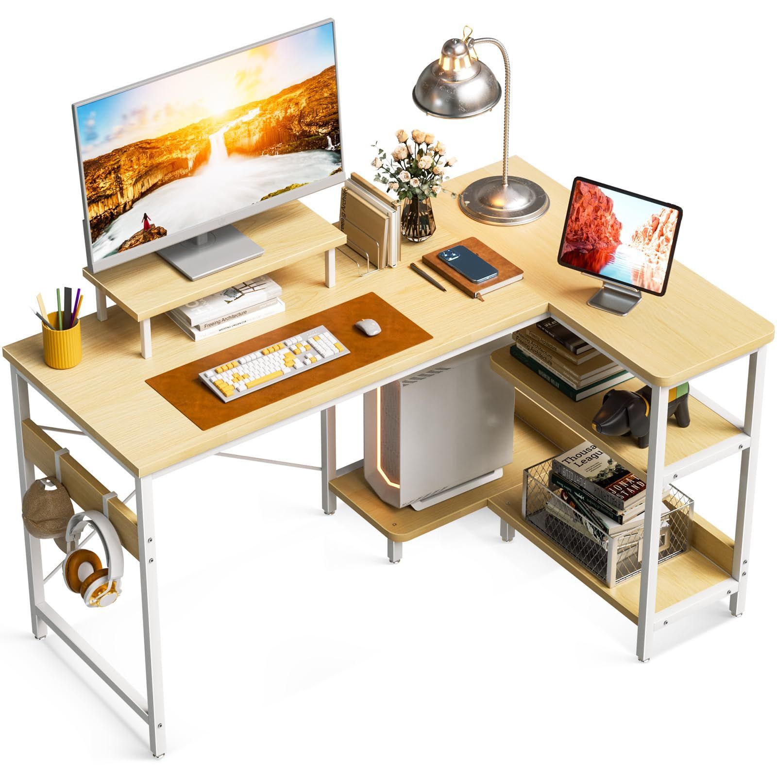 新着商品 desk 収納 pcデスク ラック付き オフィスデスク 幅120cm 机 在宅勤務 デスク 書斎 L字型 ゲーミングデスク 組立簡単 l字デスク パソコンデスク ナチュラル ODK