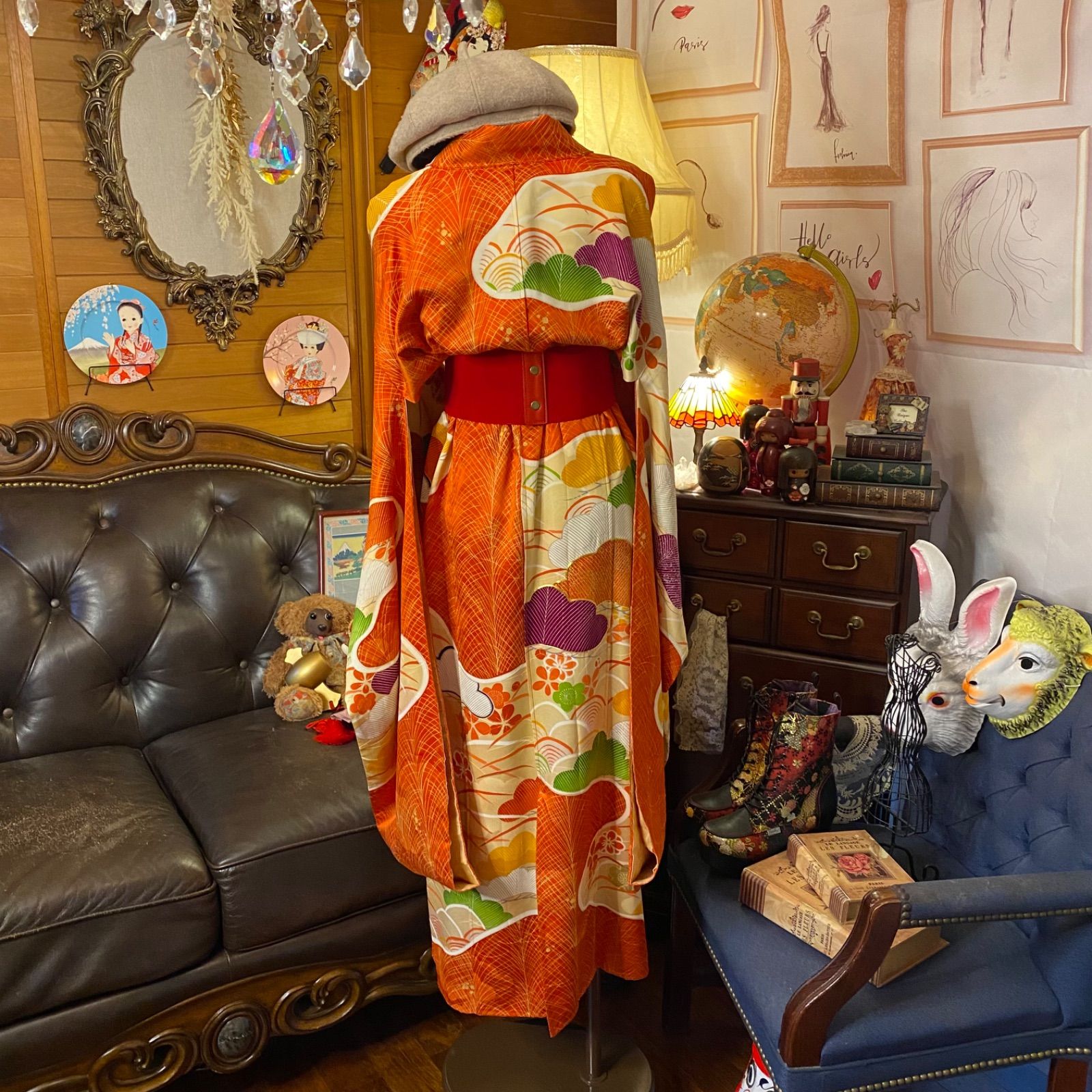 着物リメイクワンピース 付下げドレスオレンジ花 和服 着物リメイク オレンジ色に金色古典柄のシンプルな