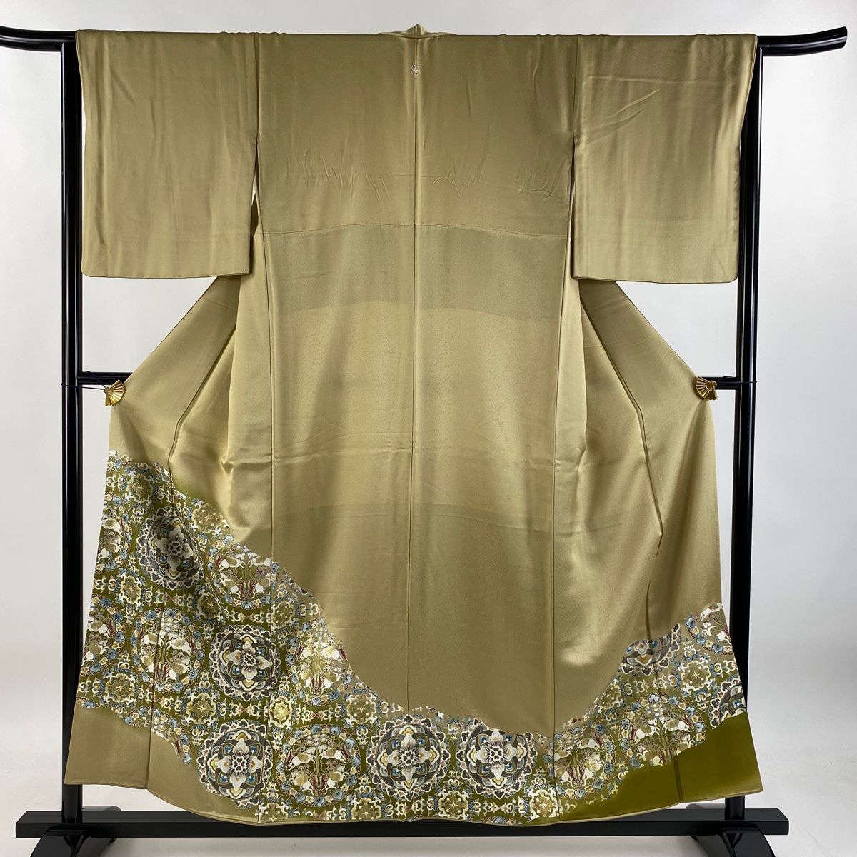 色留袖 身丈155cm 裄丈65cm M 袷 華文 狩猟文 金銀彩 ぼかし 灰緑 正絹 名品 一つ紋