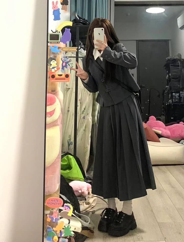 長袖 ロングプリーツスカー