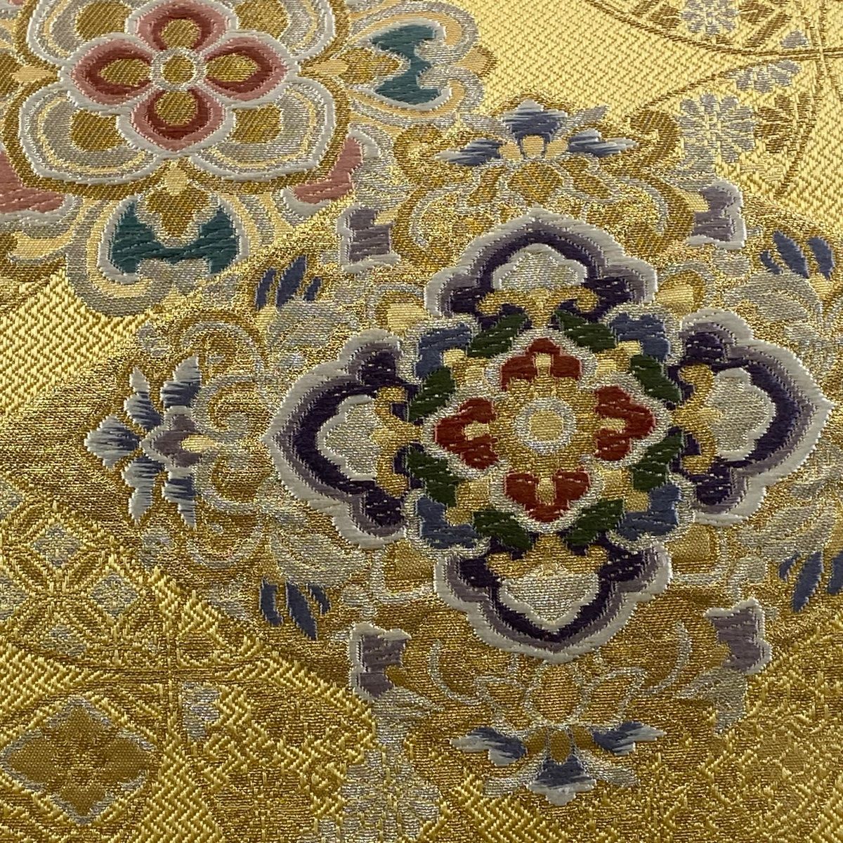 袋帯 秀品 証紙 華宝錦 華文 七宝 金銀糸 箔 薄黄 六通 正絹