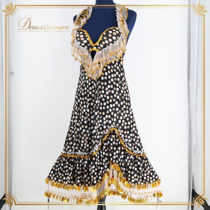 ベリーダンス 衣装 ワンピース ドレス ブラック系 黒 ゴールド系 スパンコールラメ ビーズ レース フリル 水玉模様 柄 舞台 発表会 イベント ベリーダンス衣装 おしゃれ フリルドレス スパンコールドレス イベント衣装 女性用 コスチューム
