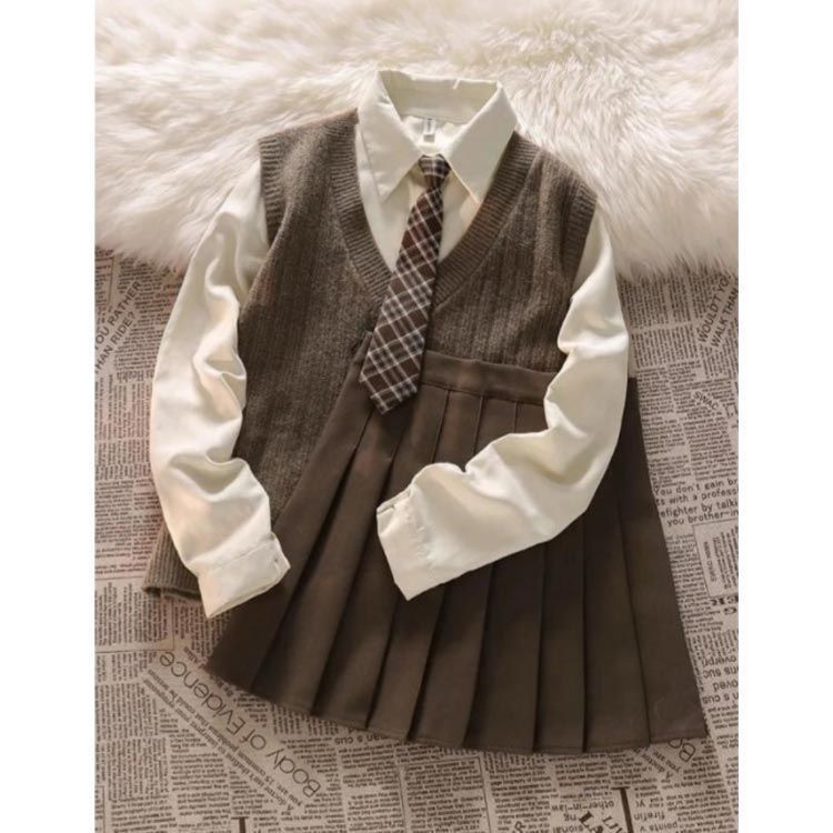 ニットベスト 4点セット 学生 卒服 秋 スカート ネクタイ 長袖シャツ 韓国 制服 女の子 春 制服 大きいサイズ セットアップ ミニスカート プリーツ 大人可愛い 通学 卒服 制服 子供スーツ 高 nagin606690