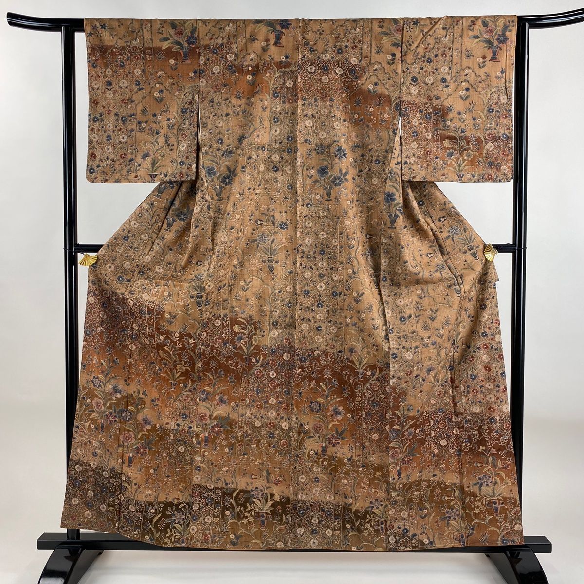 訪問着 身丈159cm 裄丈62.5cm S 袷 紬地 草花 霞 茶色 正絹 秀品