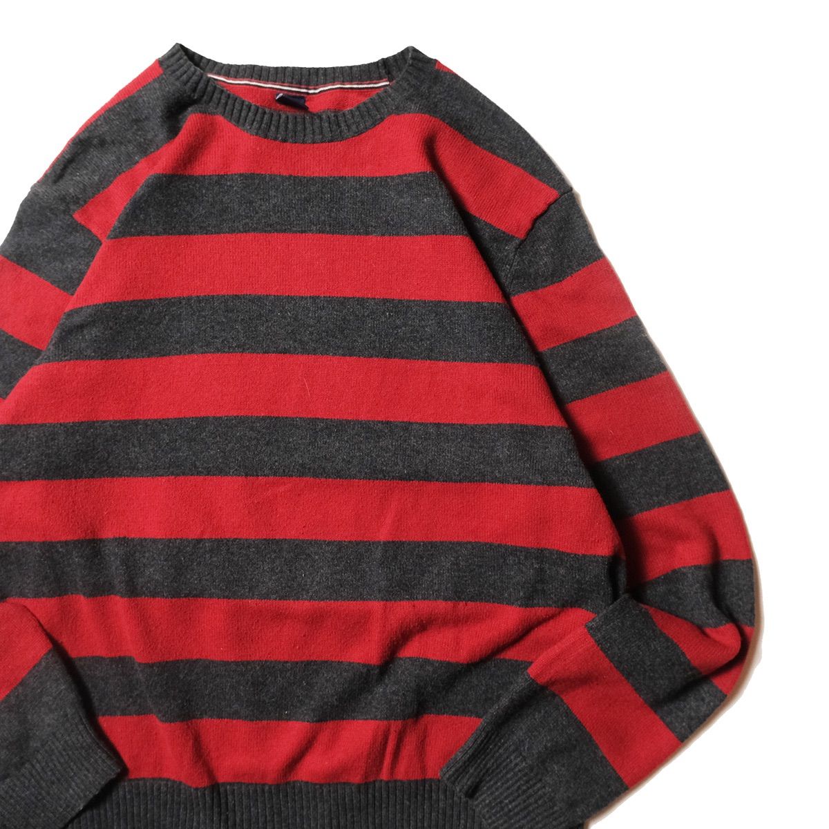 00's ギャップ GAP ワイドボーダー クルーネック コットン ニットセーター (XXL) 灰x赤 00年代 旧タグ オールド 青タグ 2007年モデル  アメリカ古着 USED ビンテージ ヴィンテージ ユーズド