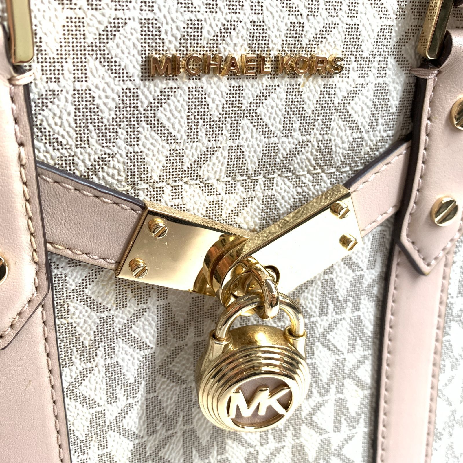 f001 C2 良品 マイケルコース MICHAEL KORS ハミルトンサッチェル 2way ハンドバッグ ショルダー 鍵付き キャンバス ピンク 白  本革 - メルカリ