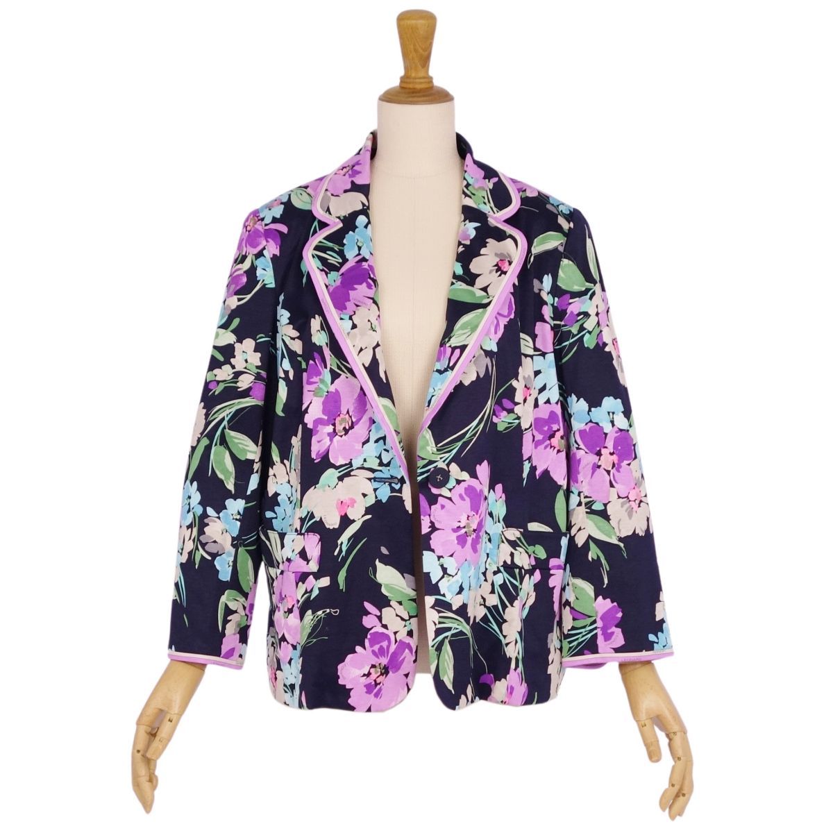 美品★レオナール　花柄　テーラードジャケット　カンカン　ネイビー系　M 極美品 レオナール LEONARD FASHION ジャケット テーラード 花柄