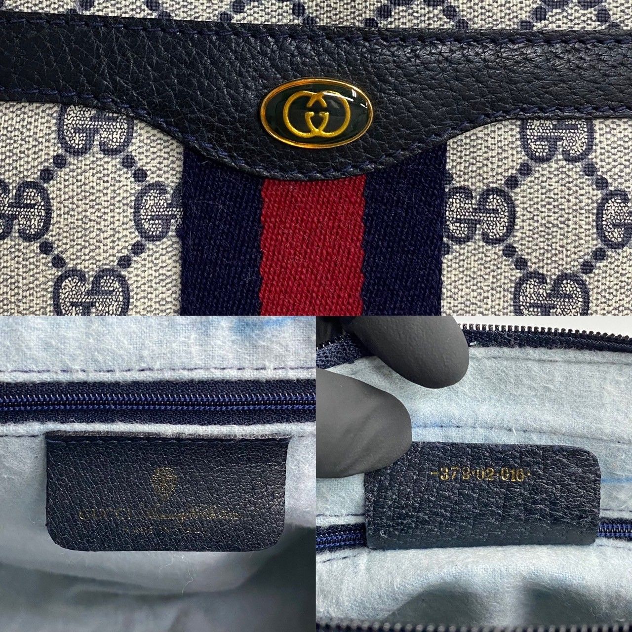 極 美品 GUCCI グッチ オールドグッチ ヴィンテージ シェリーライン GG ロゴ 金具 レザー ハンドバッグ ミニ ボストンバッグ 紺 22401