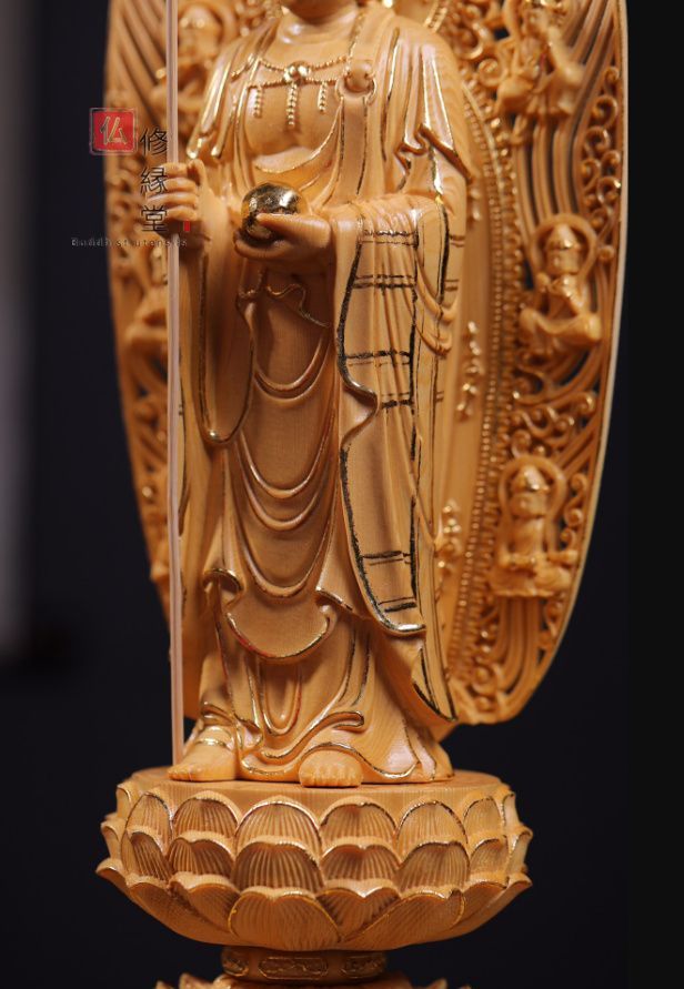 修縁堂】珍品 木彫仏像 地蔵王菩蕯立像 本金 切金 彫刻 一刀彫 天然木